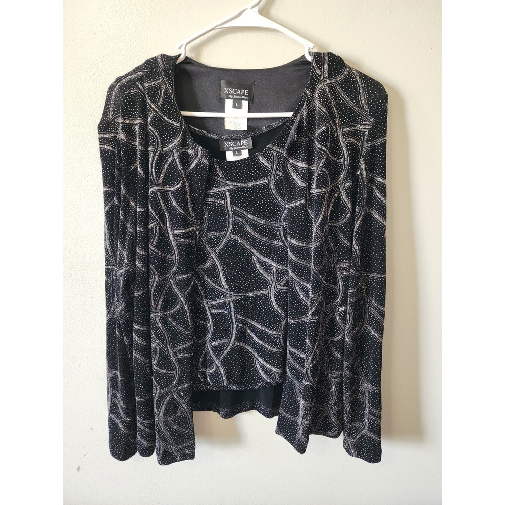 Xscape by Joanna Chen Black Silver Glitter Rhinestone 2 Piece Cardigan Set L - Picture 8 of 11